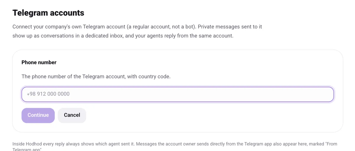 Der Schritt „Phone number“ unter „Connect a Telegram account“