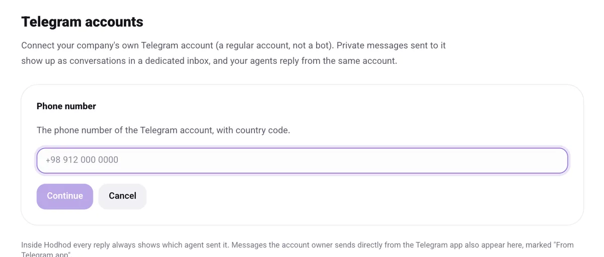 The phone number step of "Connect a Telegram account"