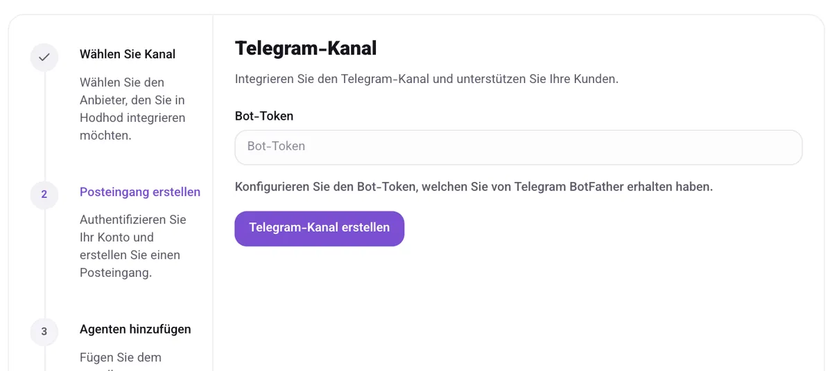 Das Formular „Telegram-Kanal“ mit dem Feld „Bot-Token“