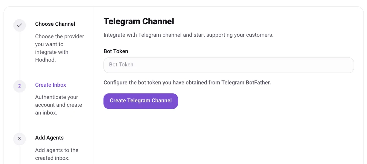 The "Telegram Channel" form with the bot token field