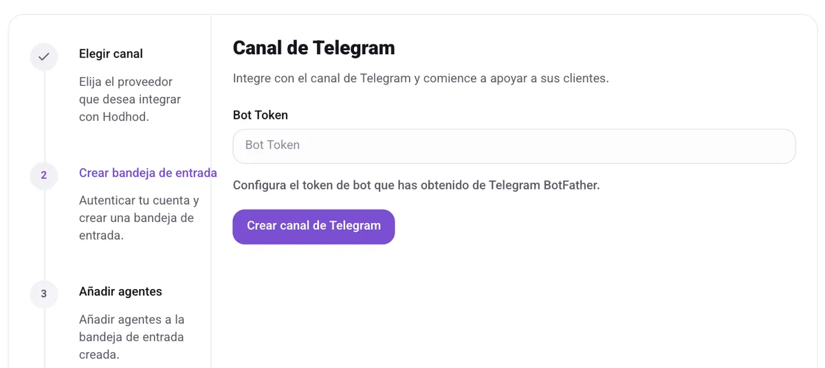 El formulario «Canal de Telegram» con el campo del token del bot