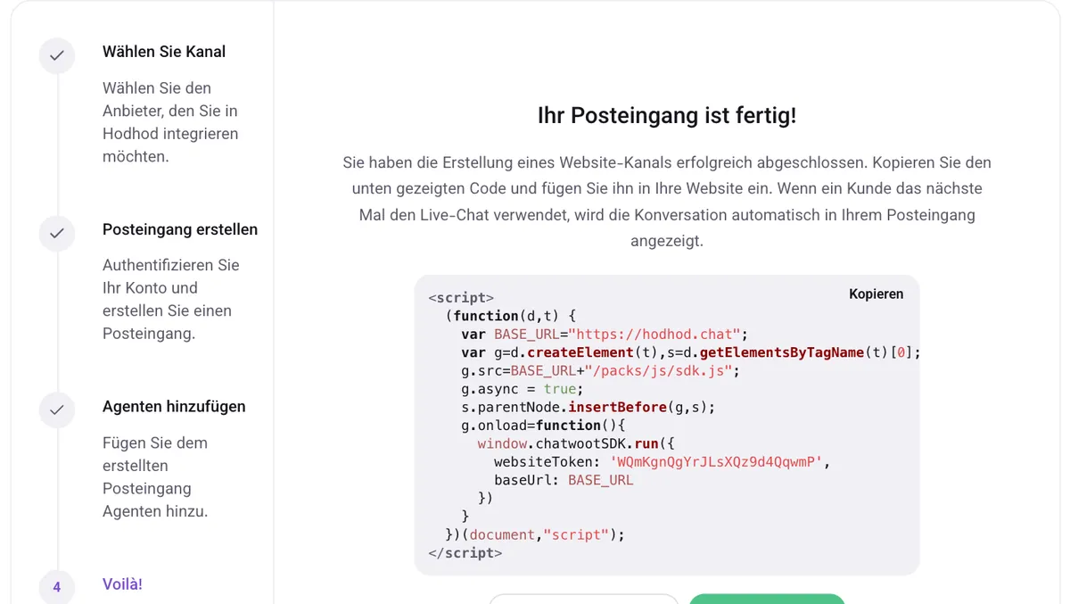 Der Bildschirm „Ihr Posteingang ist fertig!“ mit dem Installationscode und der Schaltfläche „Kopieren“
