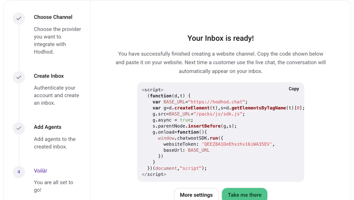 The "Your Inbox is ready!" screen with the installation snippet and Copy button