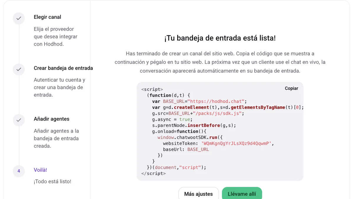 La pantalla «¡Tu bandeja de entrada está lista!» con el fragmento de instalación y el botón «Copiar»