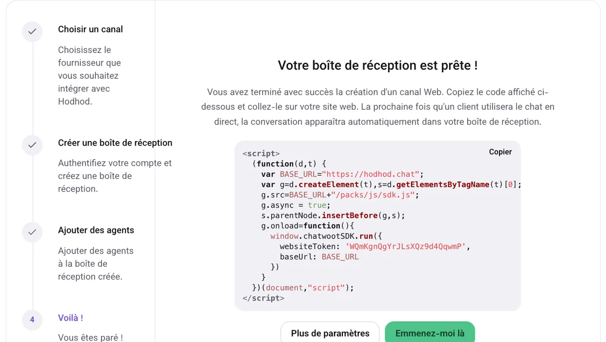 L'écran « Votre boîte de réception est prête ! » avec l'extrait de code d'installation et le bouton « Copier »