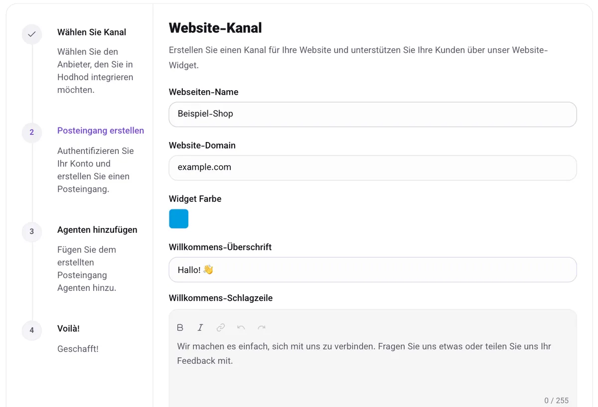 Das Formular „Website-Kanal“ mit Name und Domain der Website, Farbe des Widgets und Willkommenstexten