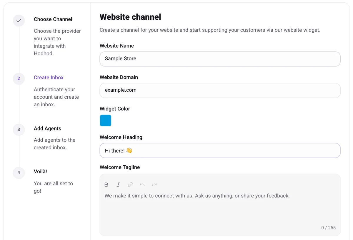 The Website channel form with website name, domain, widget color and welcome text