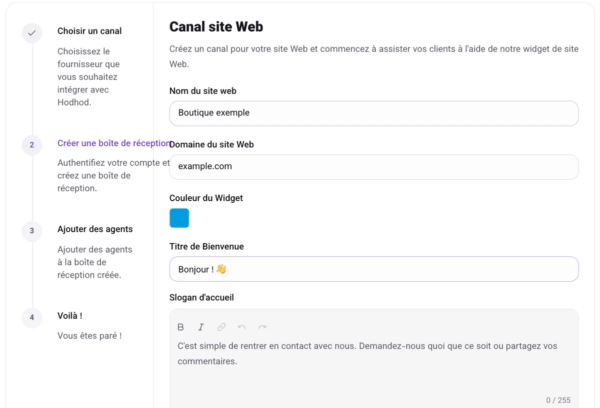 Le formulaire « Canal site Web » avec le nom du site, le domaine, la couleur du widget et les textes d'accueil