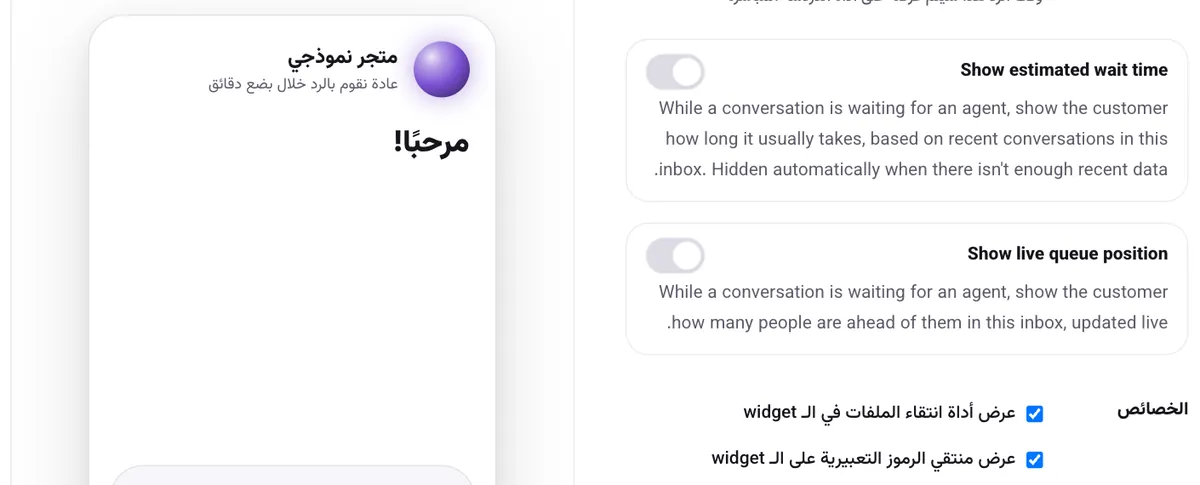 خيارا «Show estimated wait time» و«Show live queue position» في إعدادات قناة التواصل