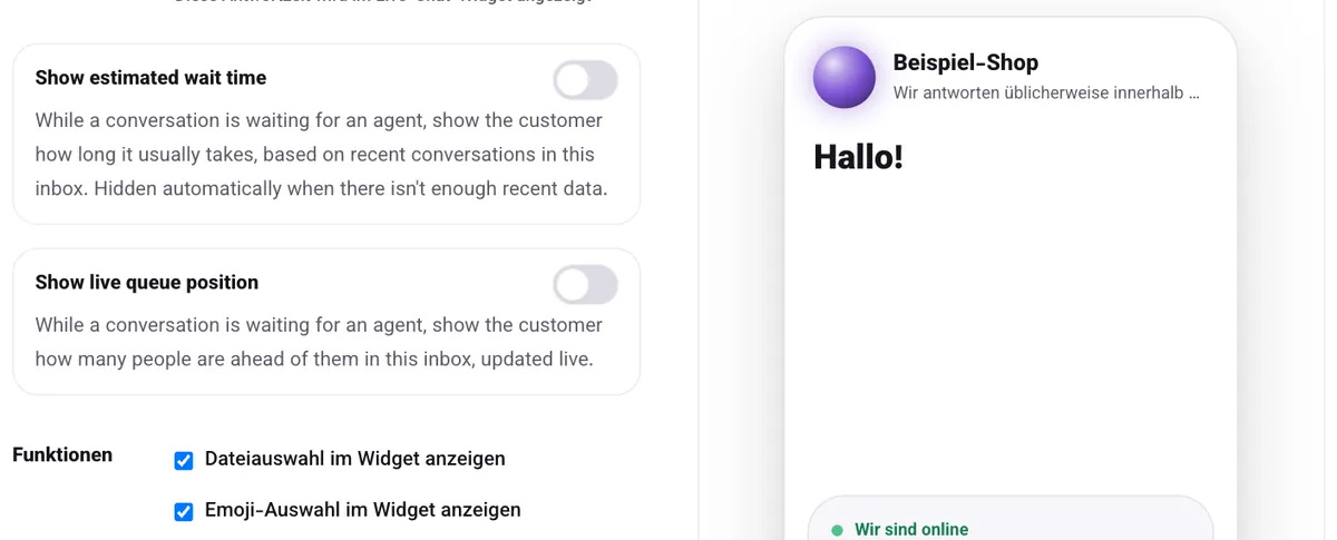 Die Optionen „Show estimated wait time“ und „Show live queue position“ in den Einstellungen des Posteingangs