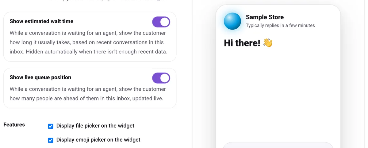 The "Show estimated wait time" and "Show live queue position" options in inbox settings