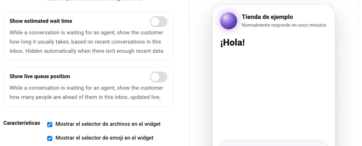 Las opciones «Show estimated wait time» y «Show live queue position» en los ajustes de la bandeja de entrada