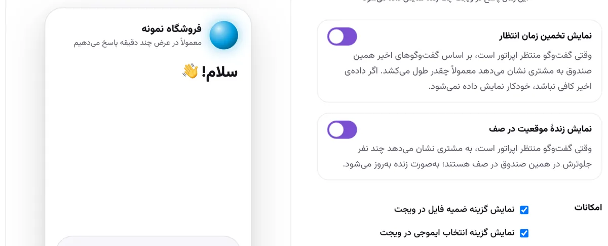 گزینه‌های «نمایش تخمین زمان انتظار» و «نمایش زندهٔ موقعیت در صف» در تنظیمات صندوق