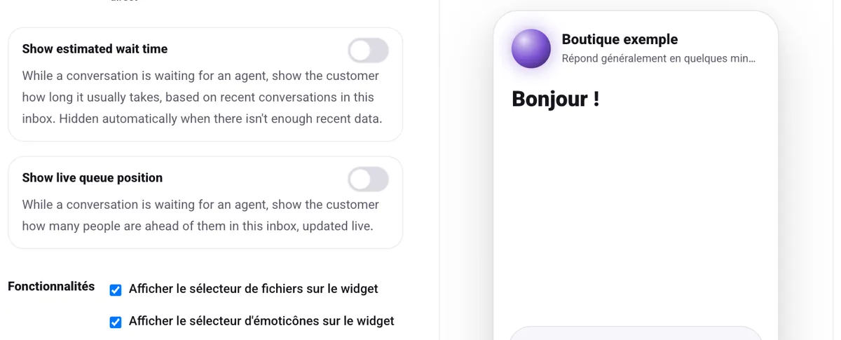 Les options « Show estimated wait time » et « Show live queue position » dans les paramètres de la boîte de réception