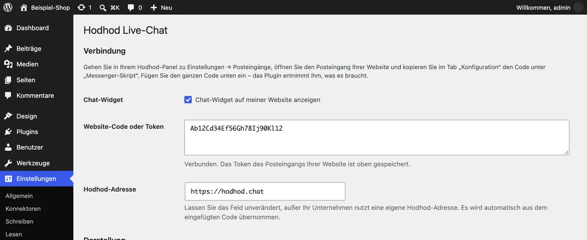 Die Einstellungsseite von Hodhod Live-Chat in WordPress mit eingefügtem Website-Code