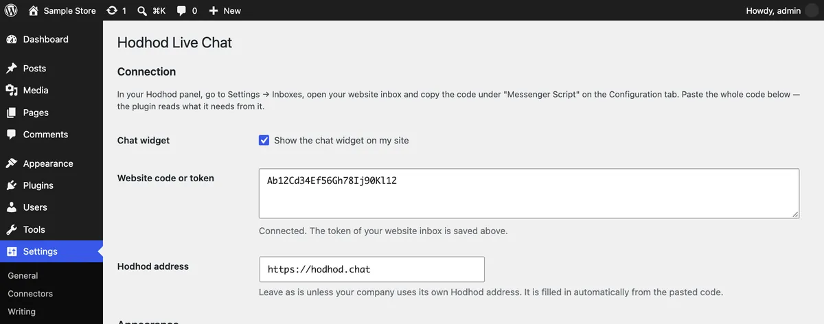 The Hodhod Live Chat settings page in WordPress with the website code pasted